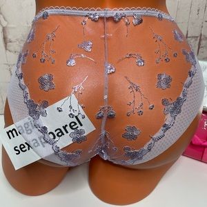 VS S M L BODY BY VICTORIA EMBROIDERED FLORAL BOW BIKINI PANTY IRIDESCENT MESH
